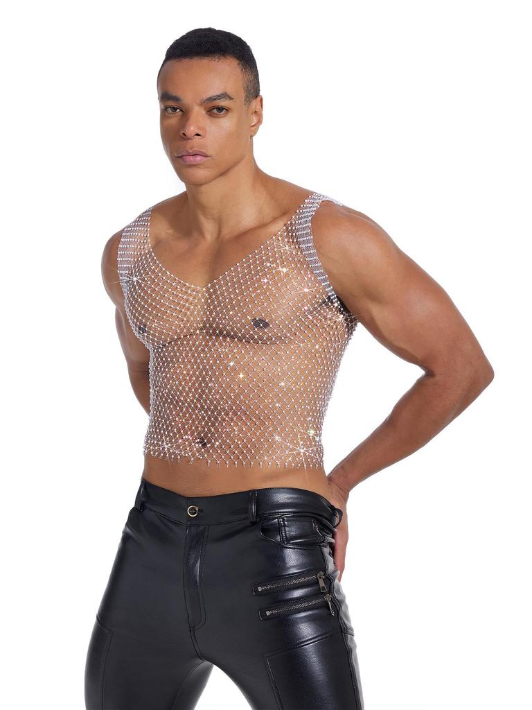 Unisex Strass-Netztop - Glitzernde durchsichtige Weste für elektronische Musikfestivals
