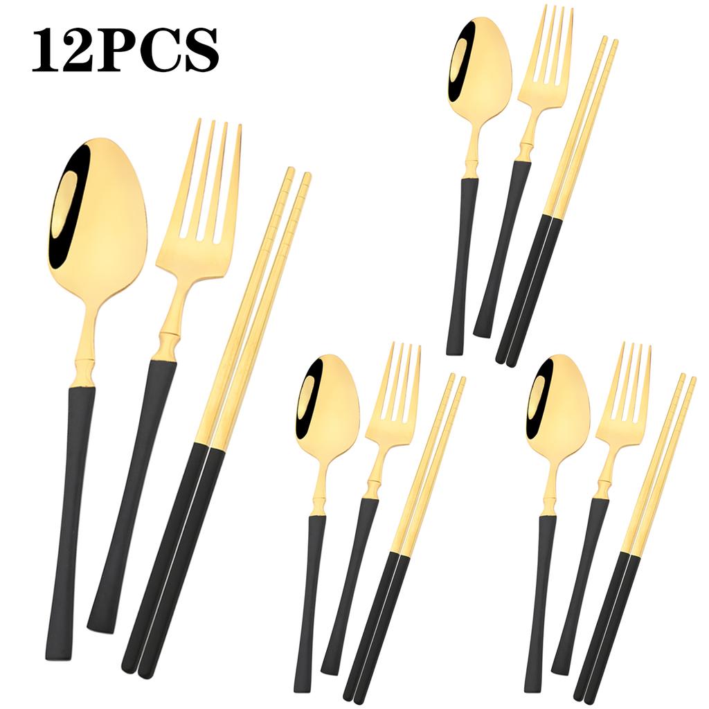 12pcs Black Gold Stainless Steel Dinnerware Set Waist Fork Spoon Chopsticks Tableware Set Mirror Western Kitchen Party Flatware