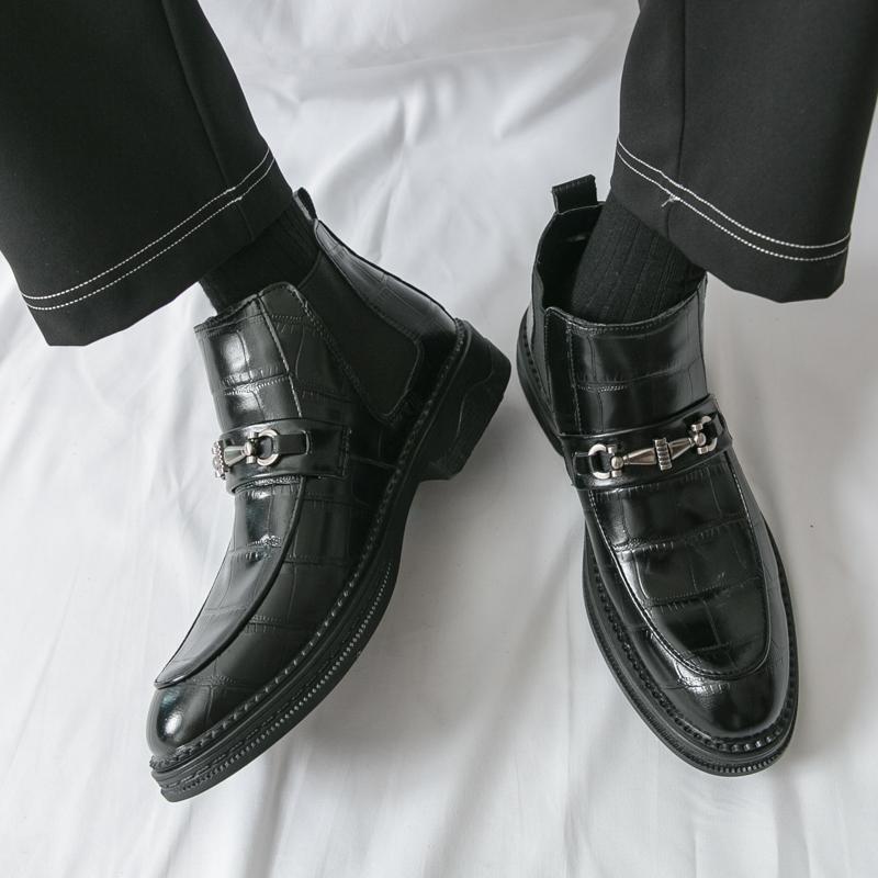 Fashion 2025 New Men's Solid Color Crocodile Print Leather High-Quality Ankle Boots Comfortable Retro Metal Buckle Business Casual Shoes