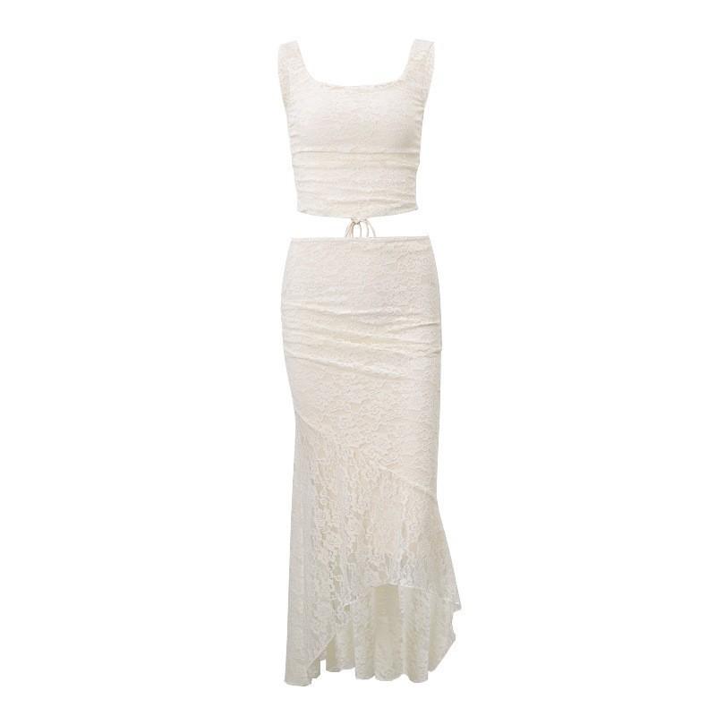 Women's Strapless Sleeveless Lace Cropped Top High Waist Fishtail Maxi Skirt 2-Piece Set