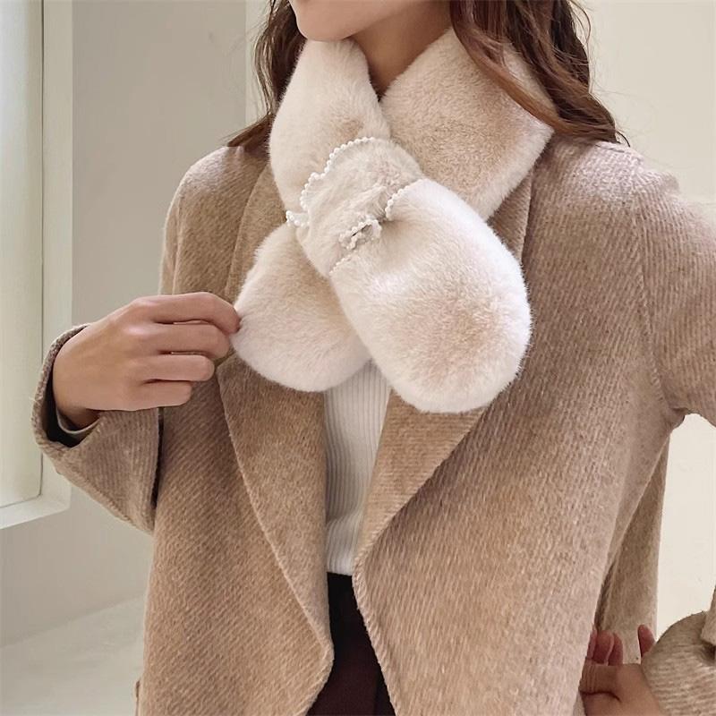 1Pc Plush Soft Scarf Warm Fur Collar Wind-resistant Clothing Accessories Skin-friendly Lace Pearl