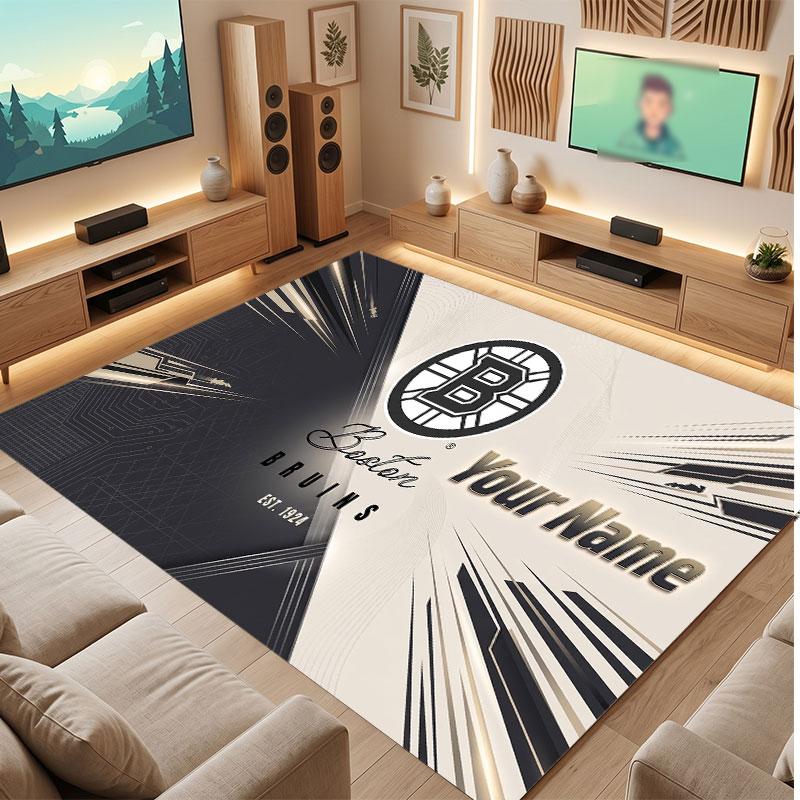 Tappeto in Cristallo Vellutato Personalizzato Boston Bruins, Tappeto Morbido Antiscivolo con Testo Nome Personalizzato per Soggiorno Camera da Letto