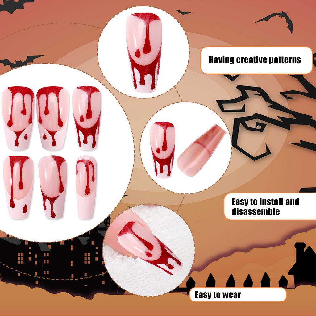 Halloween Fake Nails Stickers 48pcs Creepys Blood Drip Patterns Selfs Adhesive Nail Art For Women Party Costume Makeup