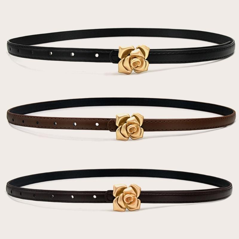 Rose Button Leather Belt For Women Adjustable Thin Waistband Jeans And Trousers