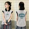 Girls' Summer Color Block Cotton Vest T-shirt - Fashionable Sleeveless Lapel Top for Medium and Large Children
