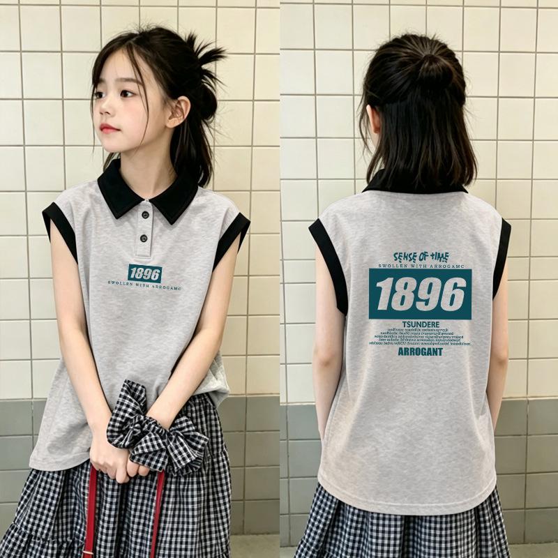 Girls' Summer Color Block Cotton Vest T-shirt - Fashionable Sleeveless Lapel Top for Medium and Large Children