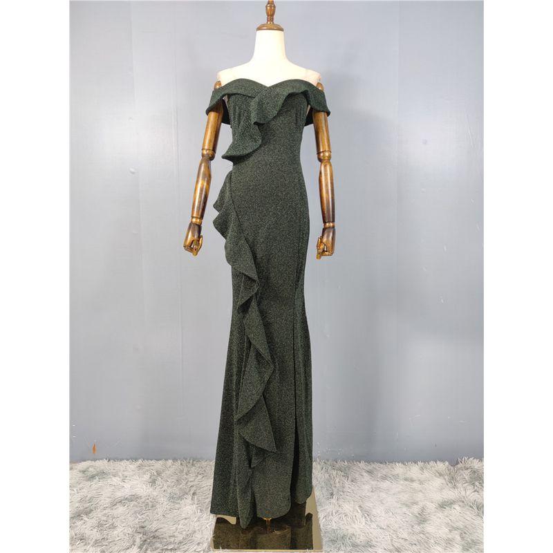 

2025 French Style Bright Collar Ruffles Fashion All-Match Stylish Bright Silk Heavy Industry Banquet Party Long Dress Black Green XL