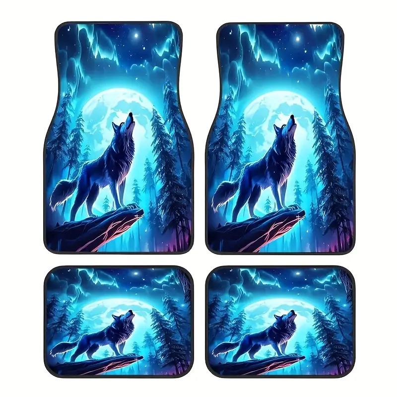 4pcs Wolf-Themed Car Floor Mats - Full Moon & Wolf Howl Night Scene Design, Blue & Black Mysterious Forest Starry Sky Pattern, D
