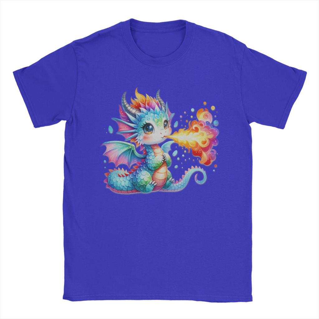 Drachen-T-Shirt mit niedlichem Regenbogen-Drachen, der Feuer speit – Herren, reine Baumwolle, Rundhalsausschnitt, Kurzarm, Sommerkleidung