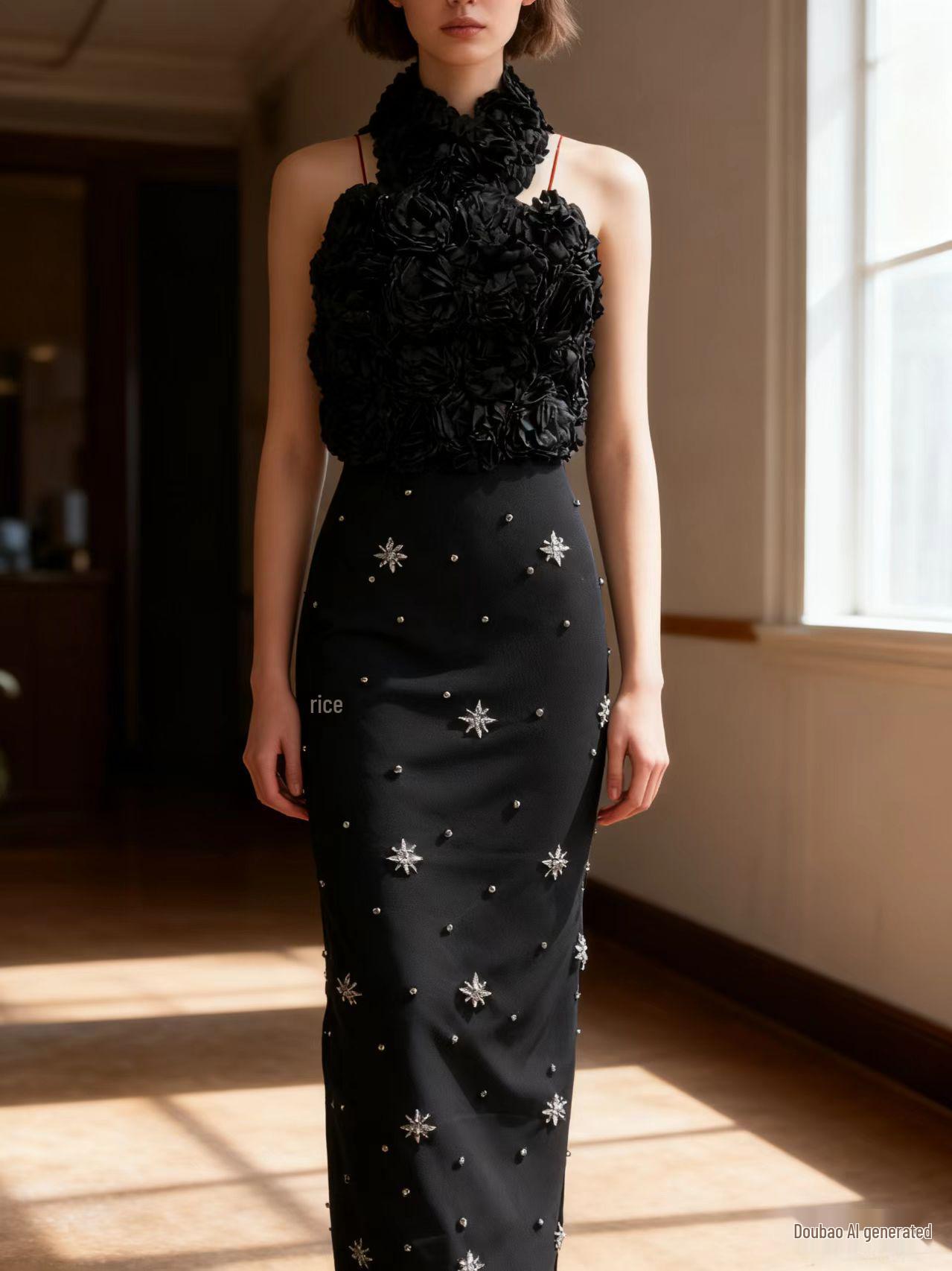 

European American Cross-border Sexy Rhinestone 3D Flower Halter Off-shoulder Bodycon Hip Wrap Dress Extra Large (XL) абрикосовый