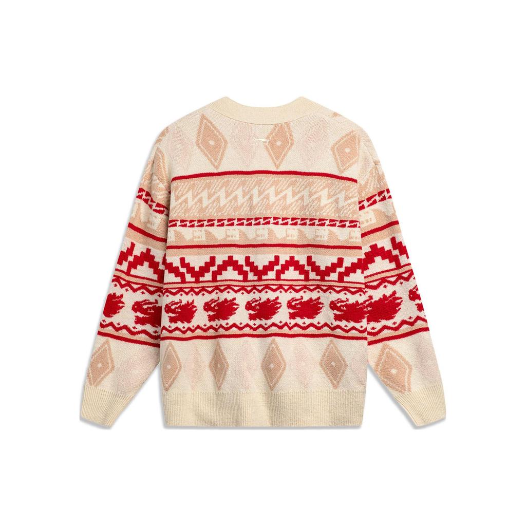 Li Ning Daily Prosperity Series All Over Print Embroidered V Neck Knitted Sweater Single Breasted Long Sleeve Knitwear Men Sweater Off-White AMBU021-1