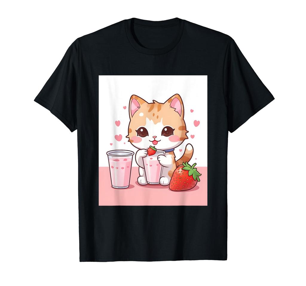 Strawberry Things Printed Kawaii, Cat, Milk, Cute, Japanese, T-shirt
