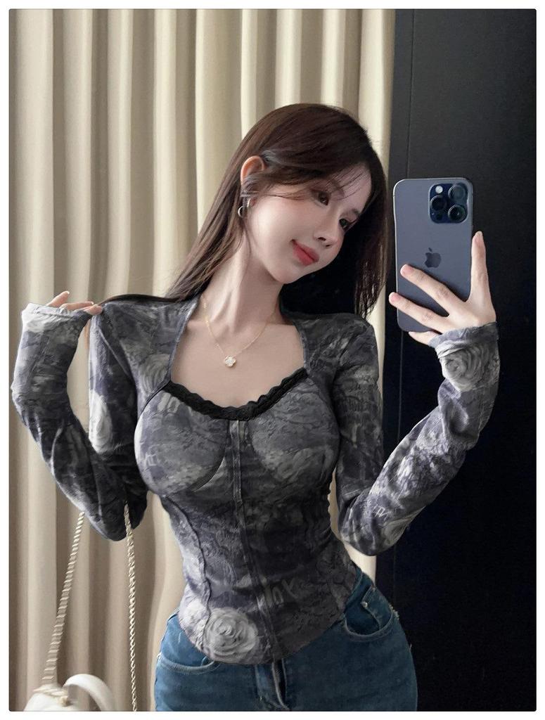 Women's Retro Ink Wash Tie-Dye Square Neck Slim Fit Base Layer Top - Autumn/Winter Collection