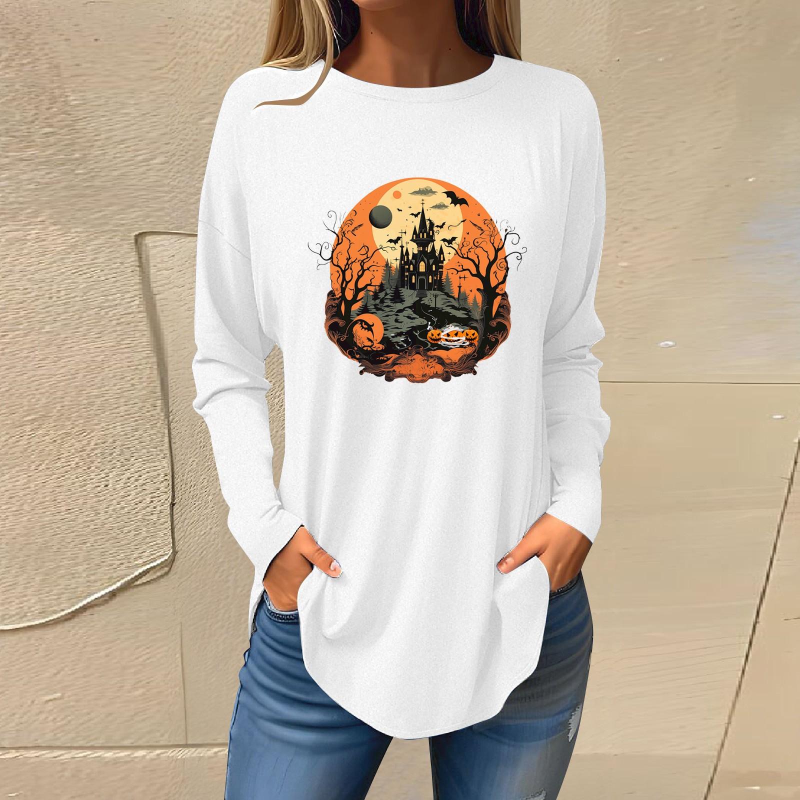 

Футболки для женщин, осенние повседневные рубашки с длинными рукавами, толстовка с ретро-принтом, топ, пуловер M белый