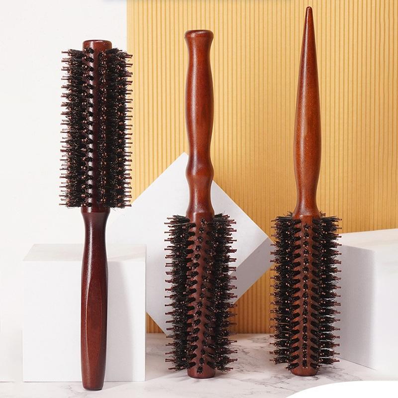 Natural Boar Bristle Hair Round Brush Wood Handle Round Barrel Hair Comb Hair Roller Brush Hairdressing Styling Tools