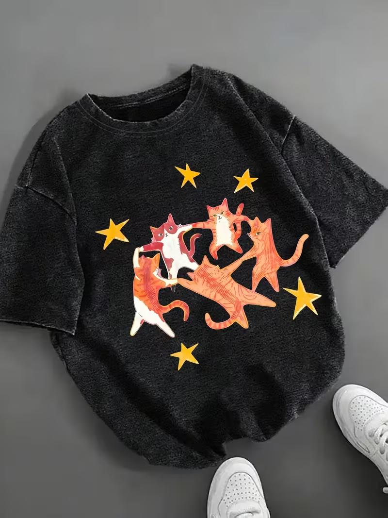 

ShortSleeve WomenS Vintage Washed TShirt in BlackTrendy Streetwear Tshirt Design with A Playful Cat Graphic Ladys Tshirt S