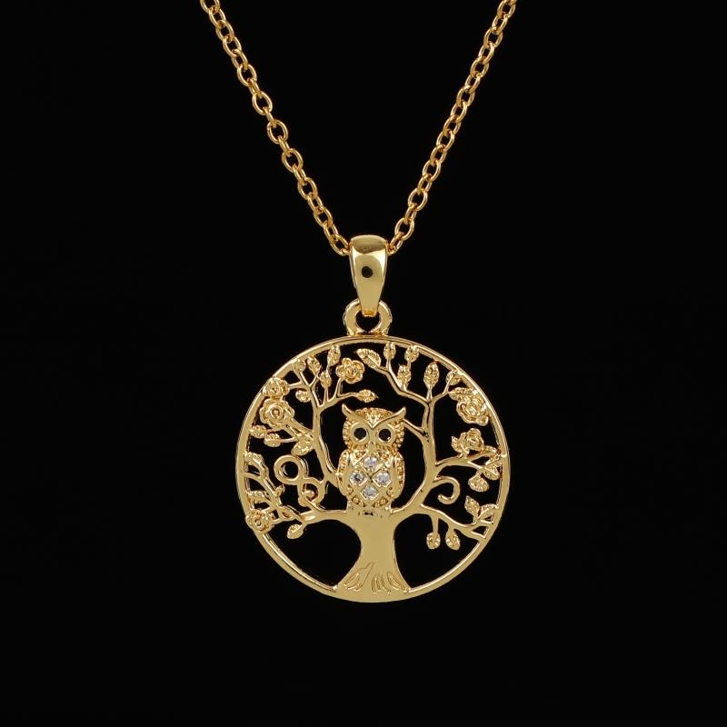 

Delicate Hollow Owl Tree Golden Round Pendant Necklace for Men Women Gift