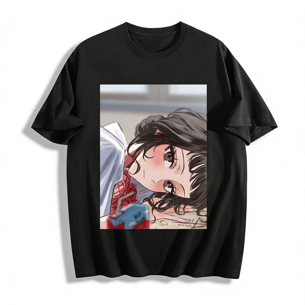 Anime Lazy Style Girl Print T-Shirt Campus Style Loose Top Casual Daily Wear For Teens Pure Cotton T-shirt