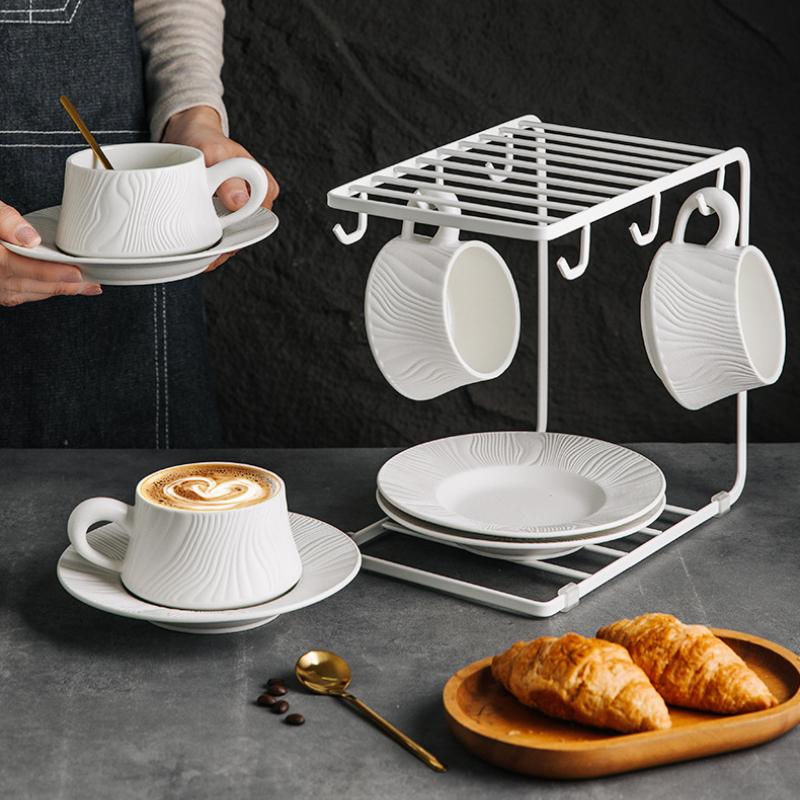 Capuccino Cups with Saucers and Metal Stand, 250ml Ceramic Coffee Cup Espresso Shots Cup Small Coffee Cups, Black and White