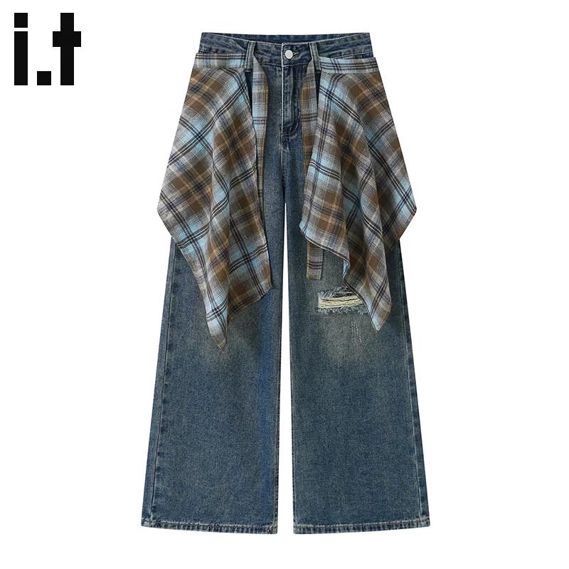 :CHOCOOLATEit Women s Patchwork Plaid Wide-Leg Jeans 2XL