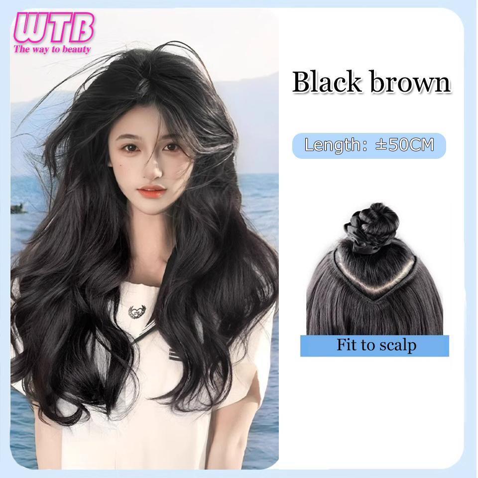 WTB Synthetic Wig Female Long Curly Hair One-piece U-shaped French Extension 4 Clips False Hair Brown Black Heat Resistant Fake Hair