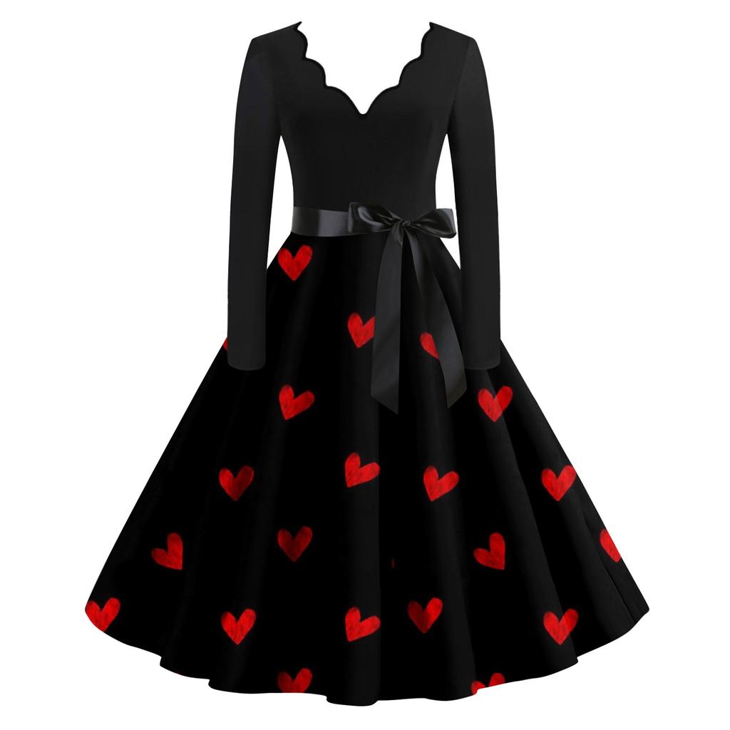 Women's Casual Fashion V-neck Long Sleeved Retro Love Print Retro Dress