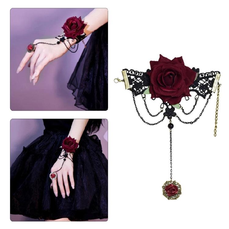 Fingerless Rose Flower Gloves Gothic Chain Wrist Guard Cuff Sleeves Halloween DressUp Wristband