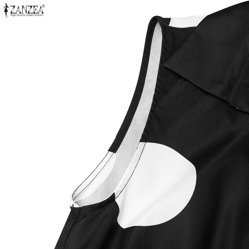 ZANZEA Women Elegant Turn Down Collar Casual Sleeveless Polka Dot Print Dress