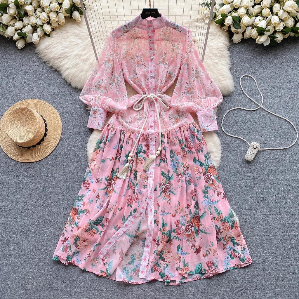 2024 Spring New French sle Puff sleeve Breasted Waist Hugging Slimming Temperament Long Print Formal Dress Chiffon Dress