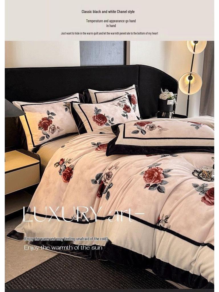 G5Z Französisches Retro Luxus Warmes Koralle Bettwäscheset - 4 Teile (Doppelseitige Bettwäsche & Bettbezug)