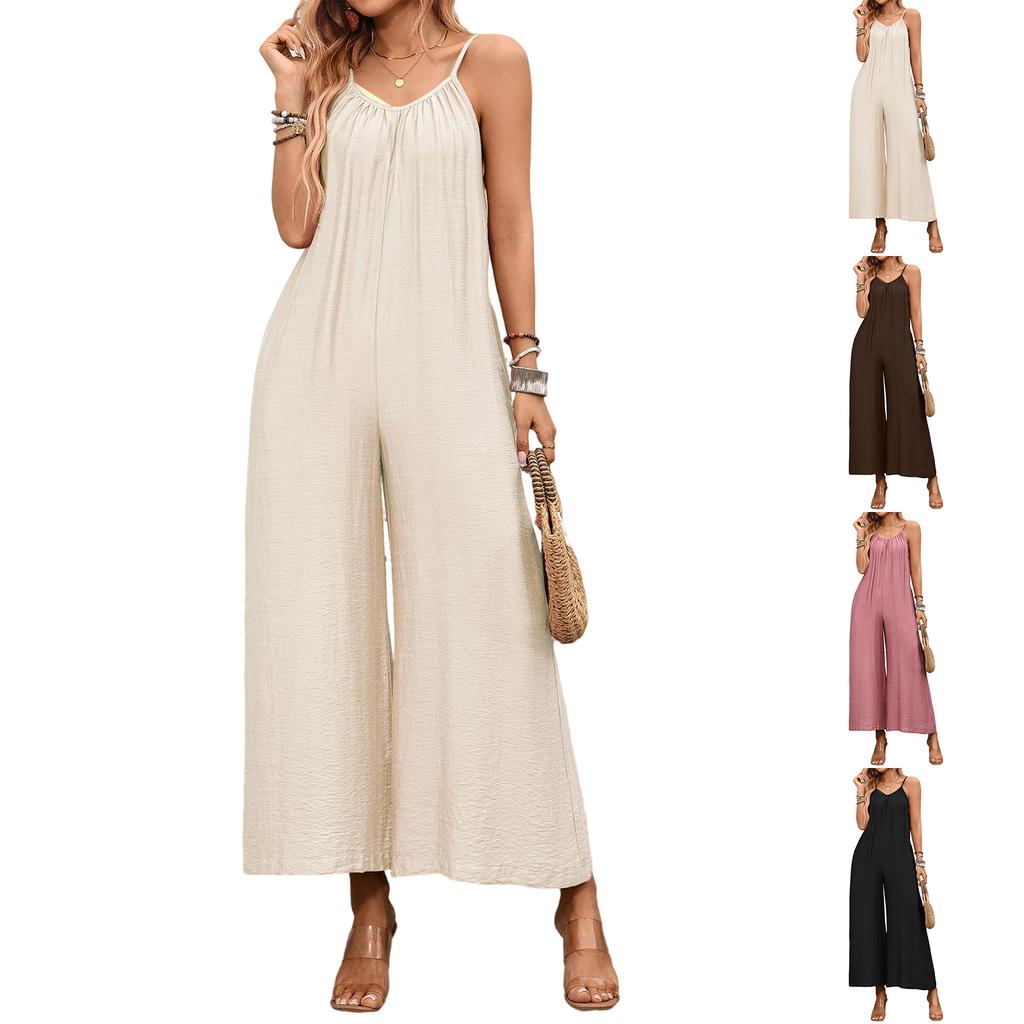 Women Loose Wide Leg Jumpsuit Adjustable Spaghetti Straps Sleeveless Casual Romper Full Length Palazzo Pants