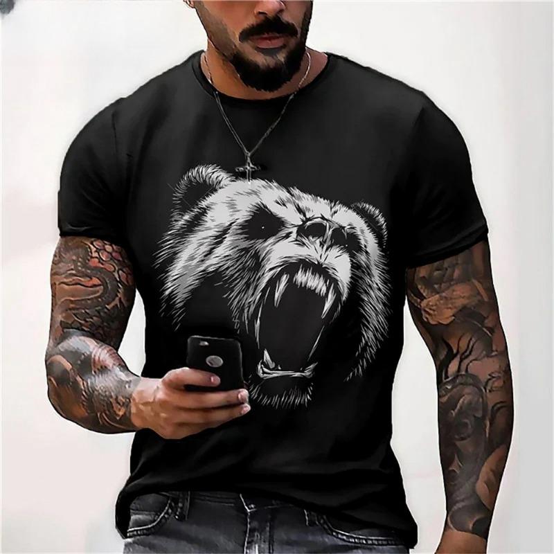 Męski T-shirt z krótkim rękawem z okrągłym dekoltem i nadrukiem cyfrowym 3D tygrysa - Modny Oddychający Wygodny Top na Lato Oversize