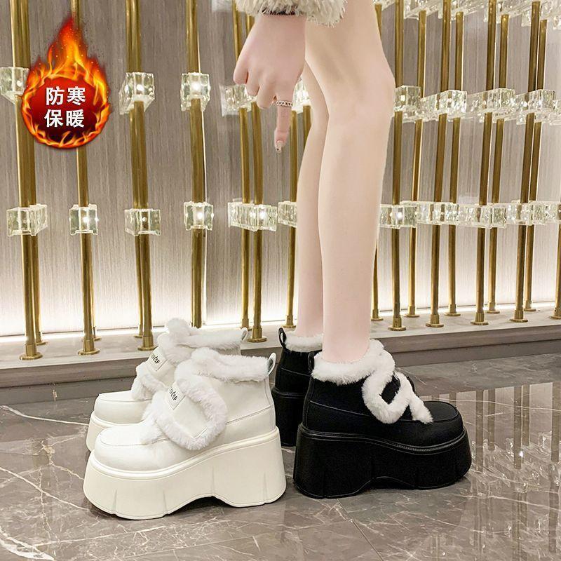 Winter new Velcro velvet thick-soled short tube warm cotton shoes inner height increase fluffy snow boots outer wear