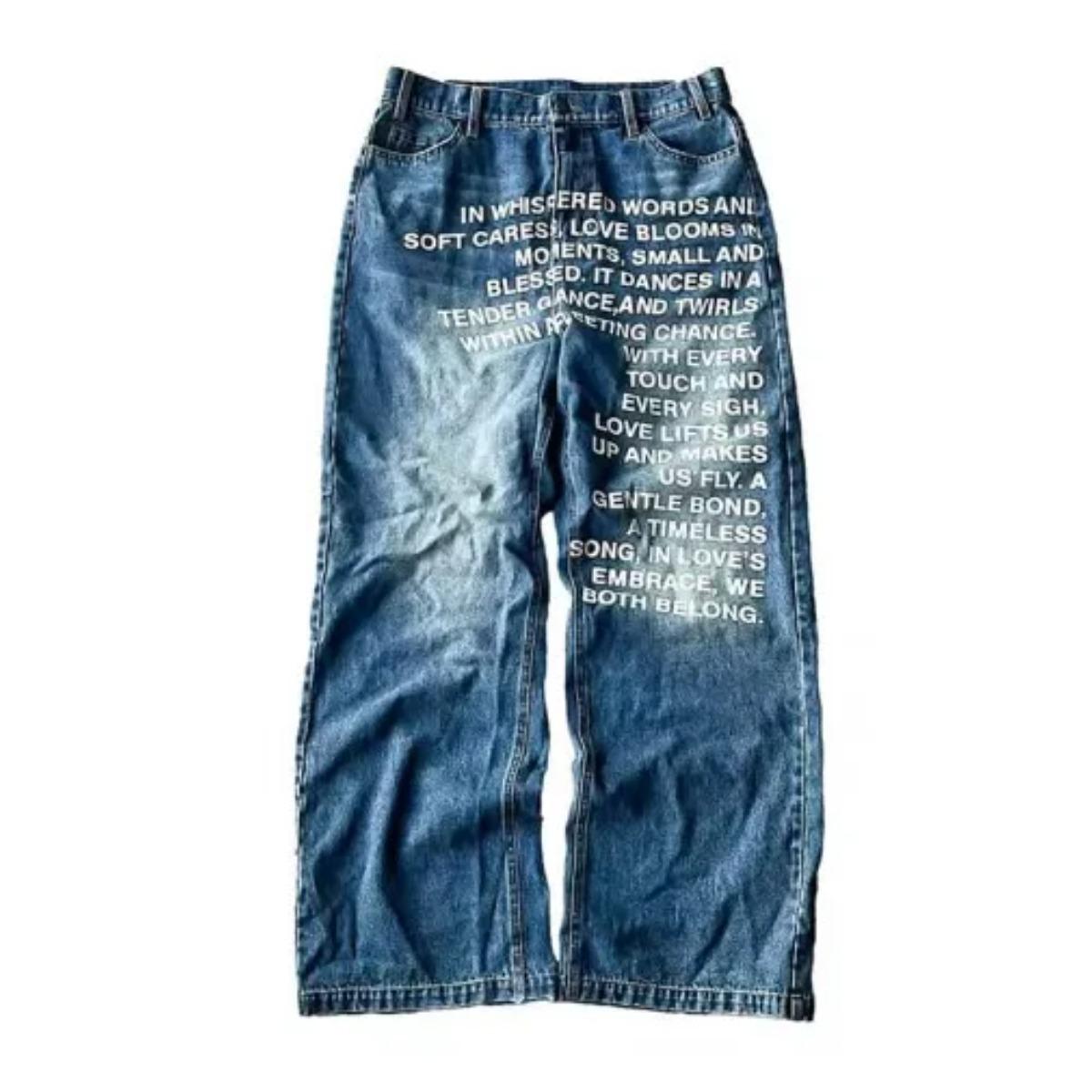 

LUXEONVintage Letter Print Women Man Jeans Y2k Harajuku Washed Wide Leg American Style Denim Pants Baggy Hip Hop Streetwear S синий