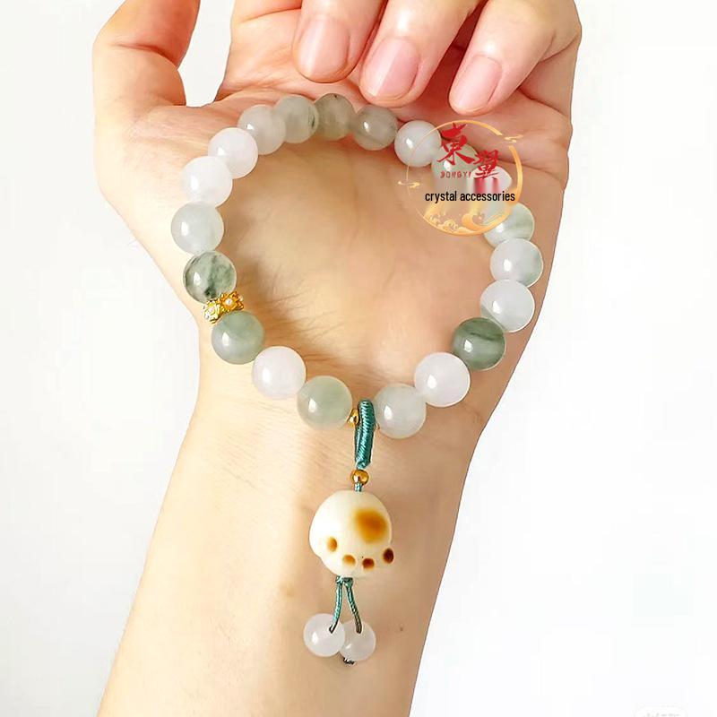 Warm Natural Xinjiang Tianshan Jade Round Bead & Jade Charcoal Bodhi Cat Paw Bracelet
