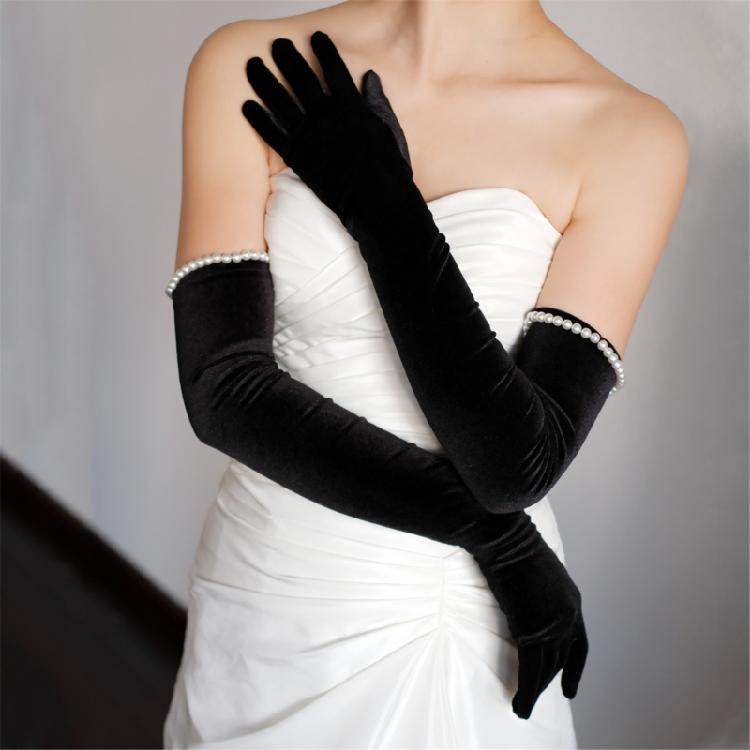 Elegant Black Velvet Bridal Gloves Long Length Soft Arm Gloves for Wedding Operas Theme Costume Event Gathering Wear