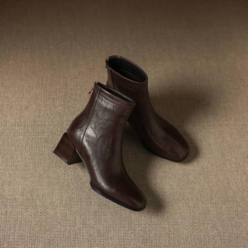 Autumn and winter solid color leather medium boots rear zipper medium heel large size women's boots square heel comfortable leather boots new f