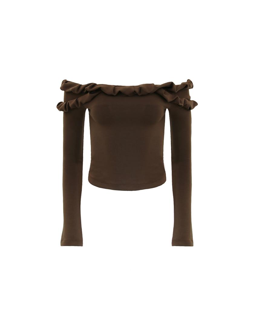 Odeuwonaus Twist Frill Off-Shoulder Top Brown