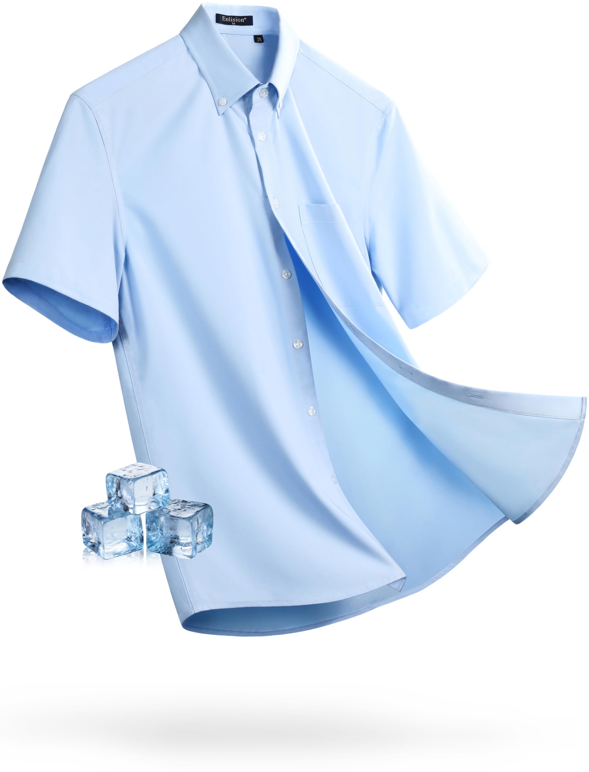 

Men s Short-Sleeved Button-Down Shirt, Light Blue, No-Iron, Wrinkle-Resistant, Stretch, Business Shirt, Plain White, Size L (Neck 43cm), Regular Fit,
