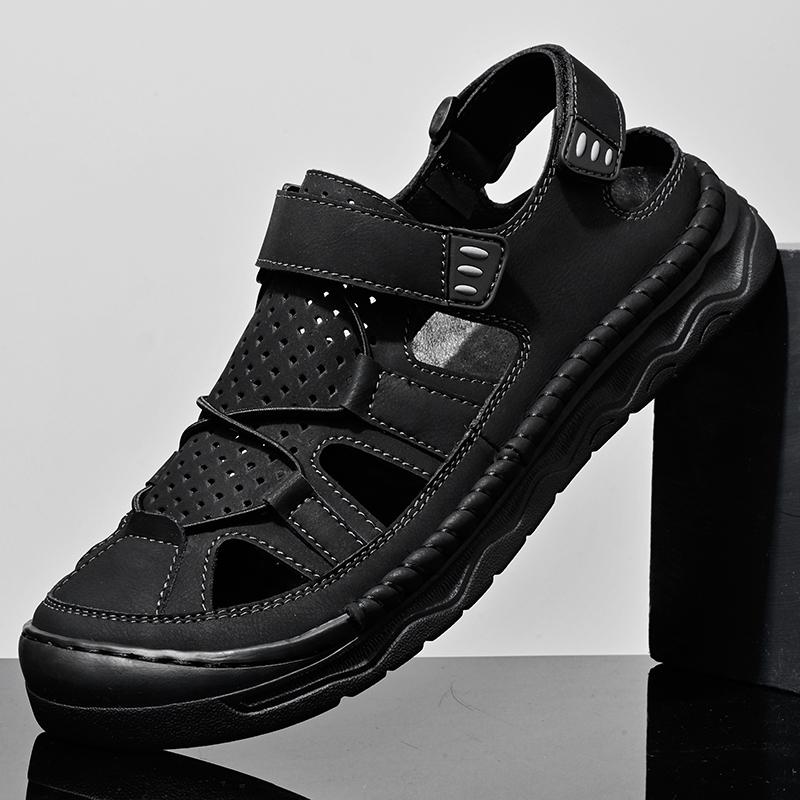 Summer Men's Leather Sandals Handmade Outdoor Ventilated Beach Slides Non-Slip Sole Casual Shoes