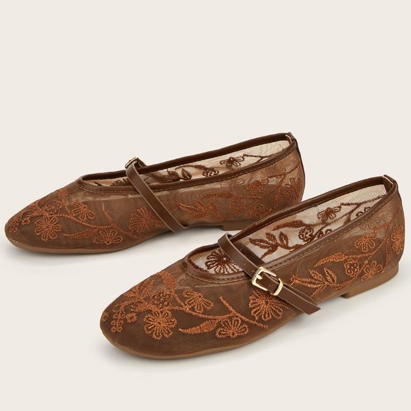 

Модные ретро балетки с сетчатой вышивкой, женские модные туфли Мэри Джейн с круглым носком и узкой пряжкой, удобная мягкая подошва, Zapatos De Mujer 42 темно-коричневого