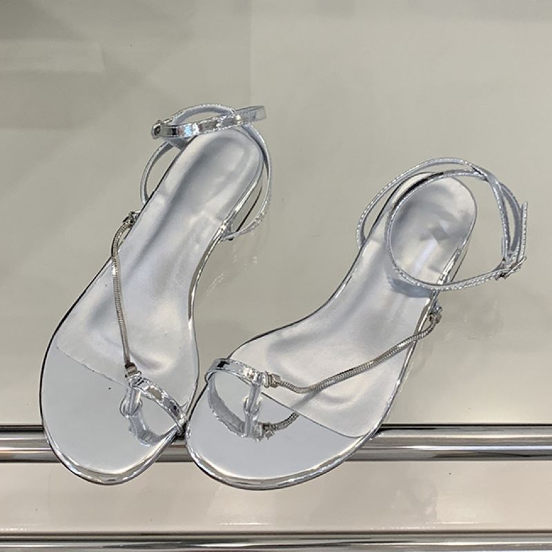 Eilyken Silver Chain Narrow Band Clip Toe Women Sandals Summer Buckle Strap Thin Low Heels Party Dress Shoes