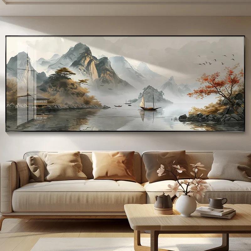 

Гладкое плавание Пейзажная живопись Новая китайская декоративная живопись Фон для дивана Чернильная живопись Украшение дома 30x90cm no frame