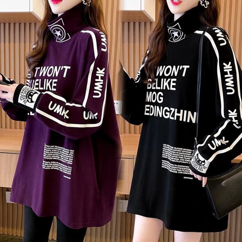 Frühlings- und Herbstmode Y2K Street Casual Damenbekleidung Buchstabendruck Trend Halber Rollkragen T-Shirt Tops Langarm Allgleiches Lose Pullover