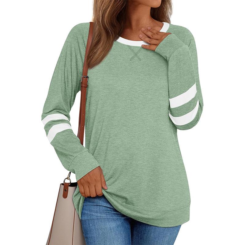 Camiseta Casual Feminina Manga Longa Gola Redonda Patchwork Color Block