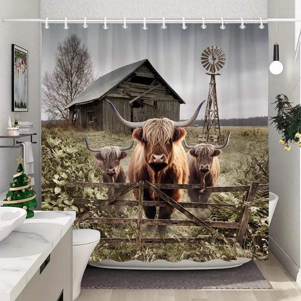 

Сільськогосподарські тварини Highland Cattle Душ Шторка Сільський сільський Фермерський будинок Дошка Vintage Стиль Миються Штори Душ Декор Ванної 220x180cm-86x70in