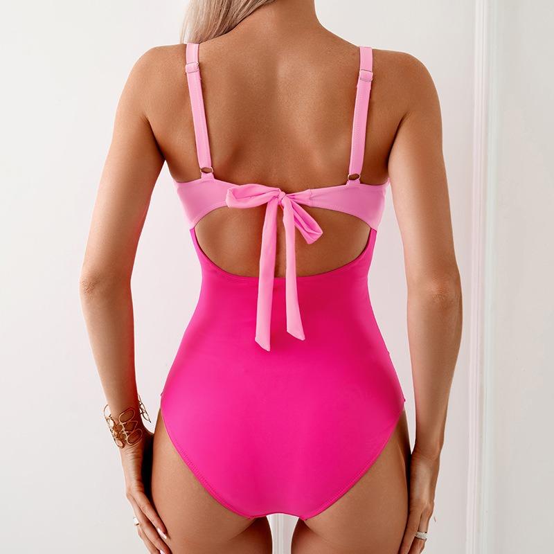 Women Color Block One Piece Swimsuit Quick Dry Slimming Tummy Coverage Bathing Suit