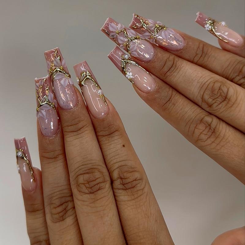 24 Stuks Lange Vierkante Press-On Nagels Frans Blauw Glitter Bloemen Design Plak Op Kunstnagels Voor Vrouwen Draagbare Manicure Tips