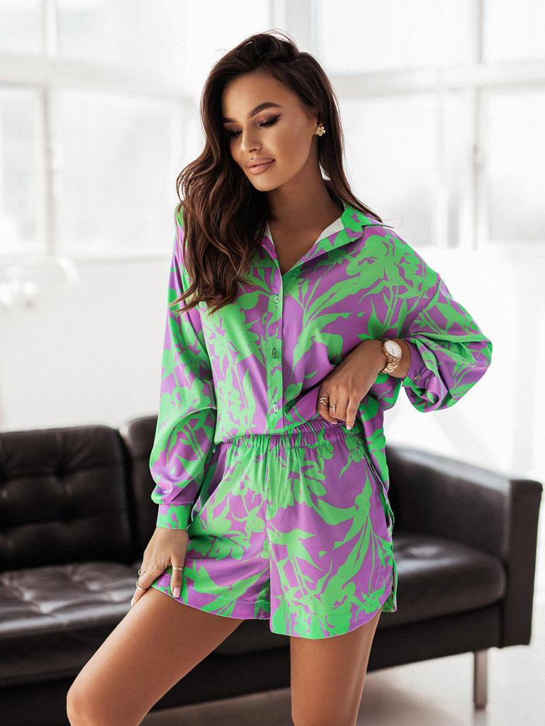 Women's Multi-color Vacation Style Casual Shirt and Shorts Set, 2022