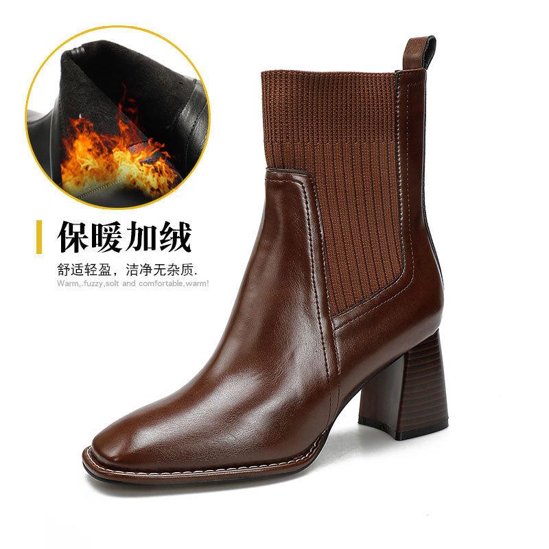 

Женские короткие ботильоны на высоком каблуке, ботильоны-носки на толстом квадратном каблуке, вязаные эластичные ботинки, новая женская обувь 2025 года, коричневые весенне-осенние одинарные ботинки 39